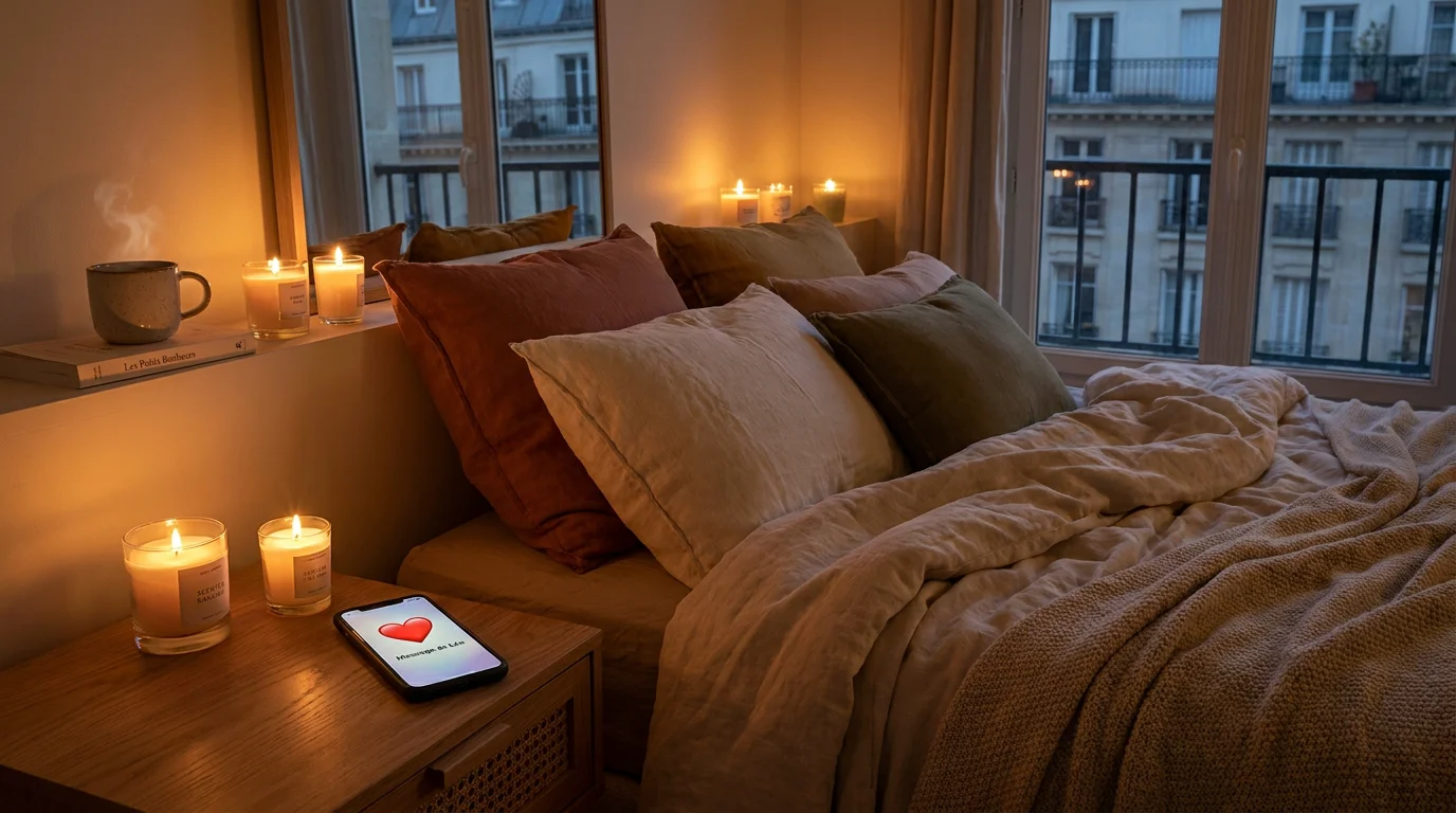 Ambiance douce d'une chambre le soir avec une bougie allumée et un téléphone posé sur la table de nuit