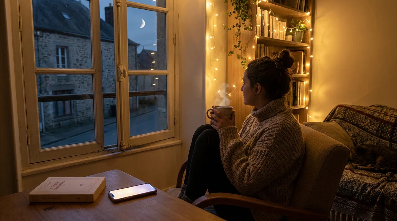 Personne regardant la lune par la fenêtre le soir avec un téléphone et une tasse de thé