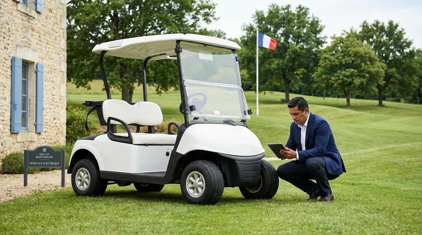 Inspection d'une voiturette de golf d'occasion sur un terrain en France