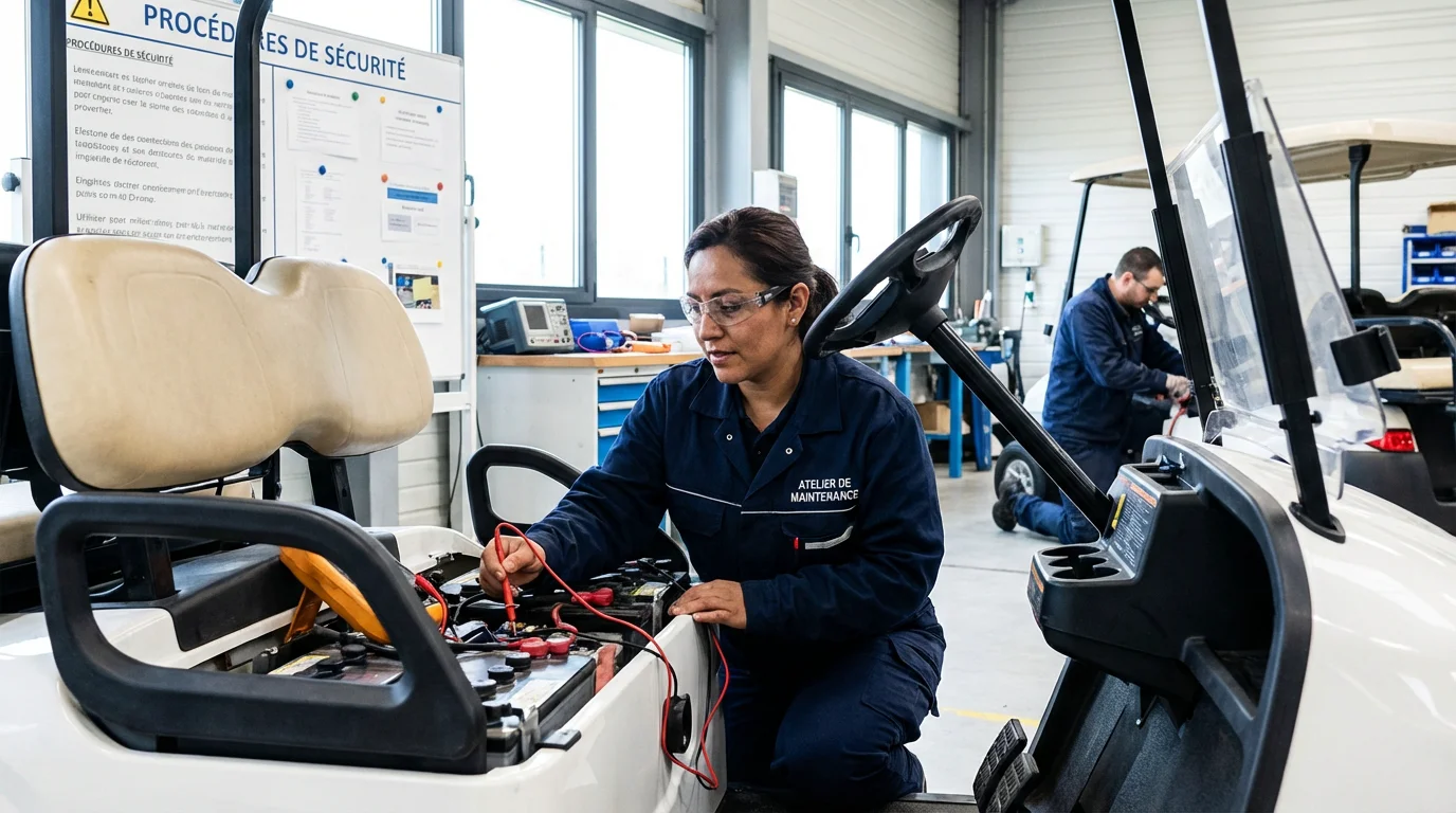 Vérification des batteries d'une voiturette de golf d'occasion en atelier