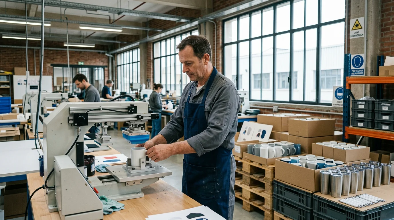 Artisan européen personnalisant un mug publicitaire dans un atelier de marquage