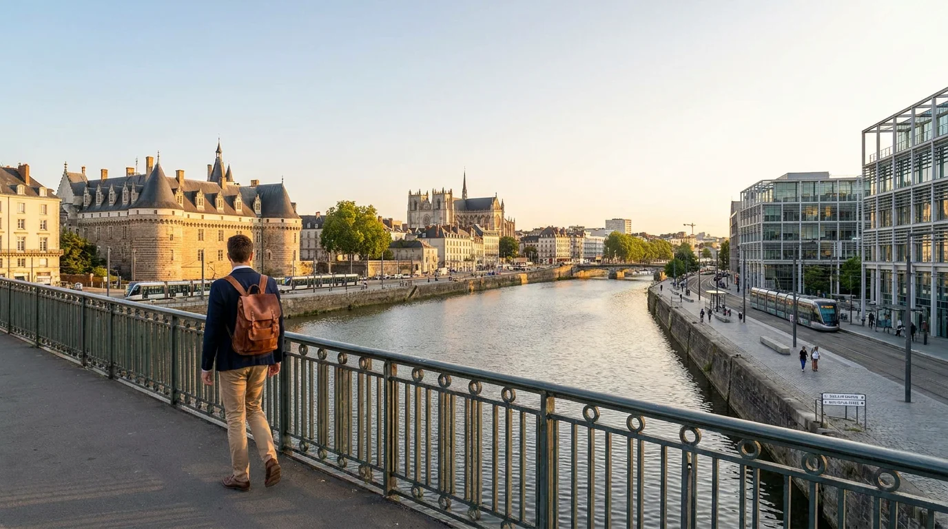 Vue panoramique de Nantes avec la Loire et des bâtiments modernes, ville idéale pour l'alternance