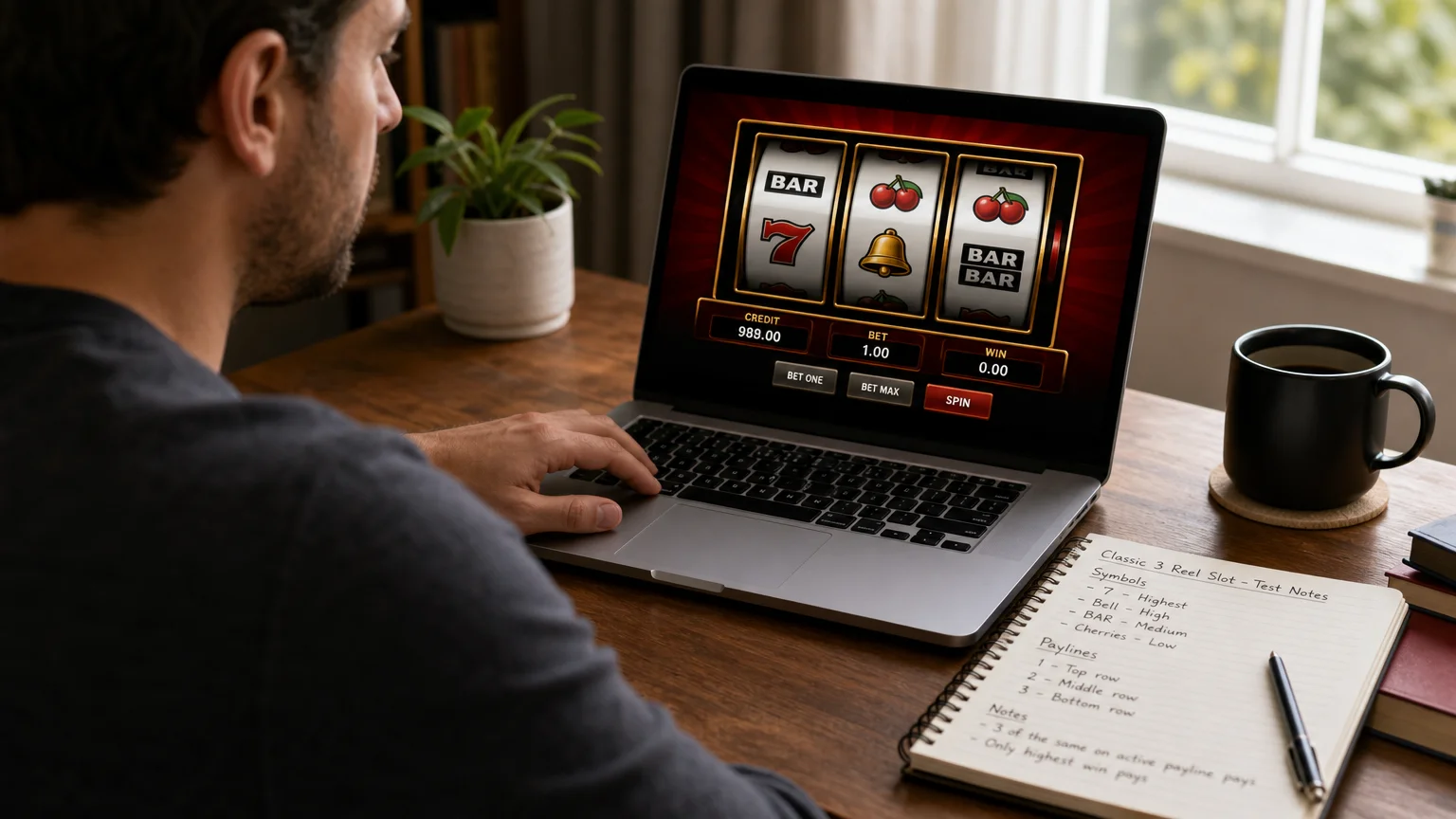 Adult player reviewing a classic slot demo on a laptop