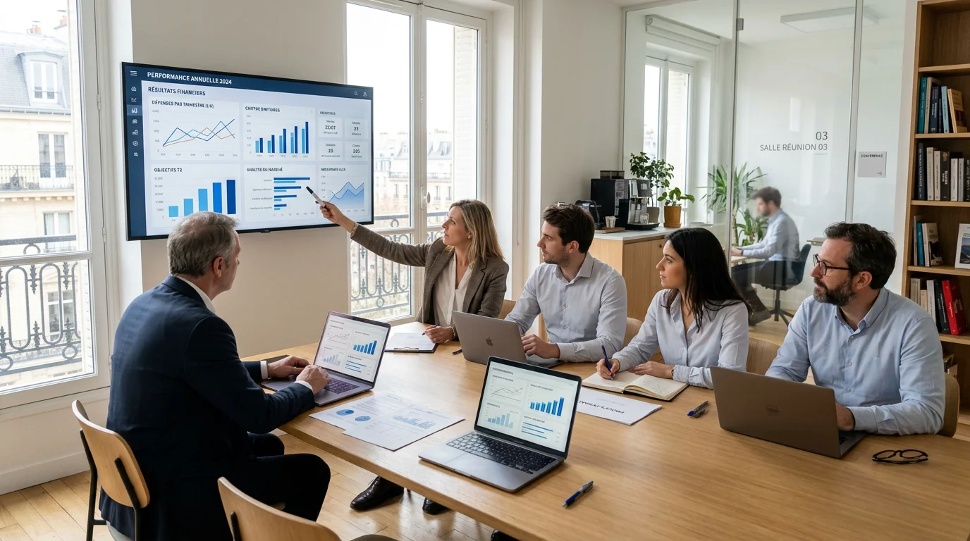 Équipe européenne analysant des tableaux de bord de gestion sur écrans dans un bureau moderne