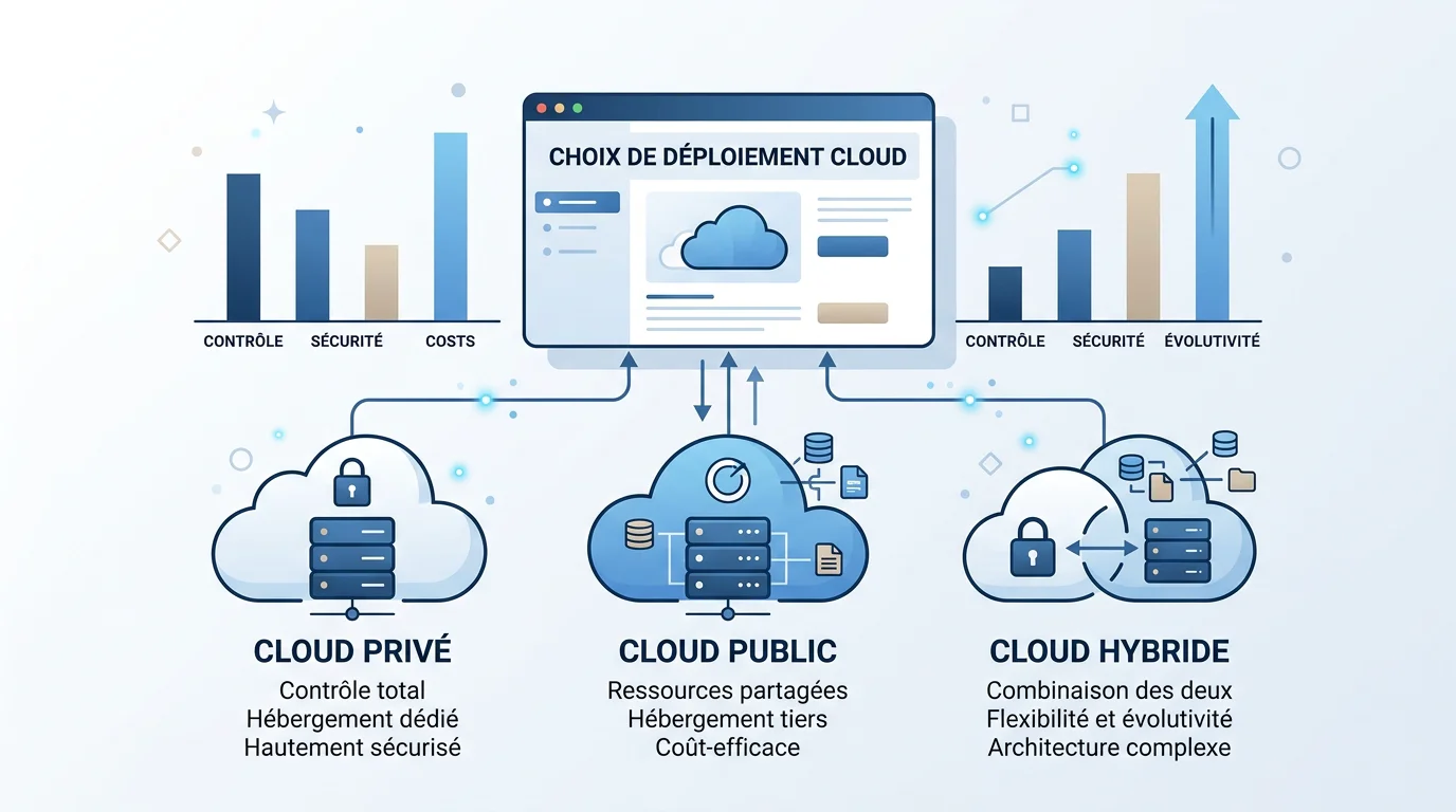 Schéma comparant cloud public, privé et hybride pour un ERP