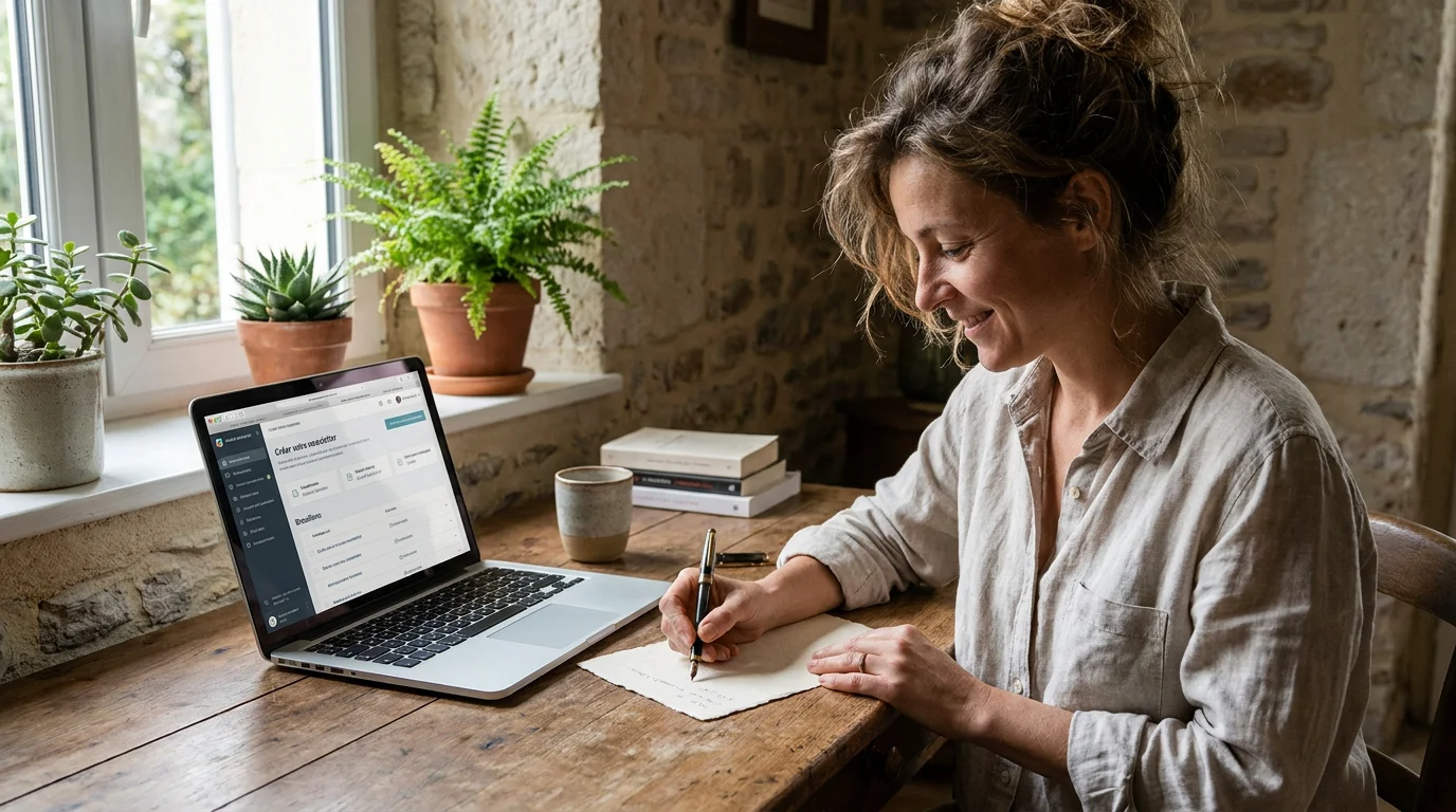 Thérapeute holistique rédigeant un message de suivi personnalisé pour ses consultants
