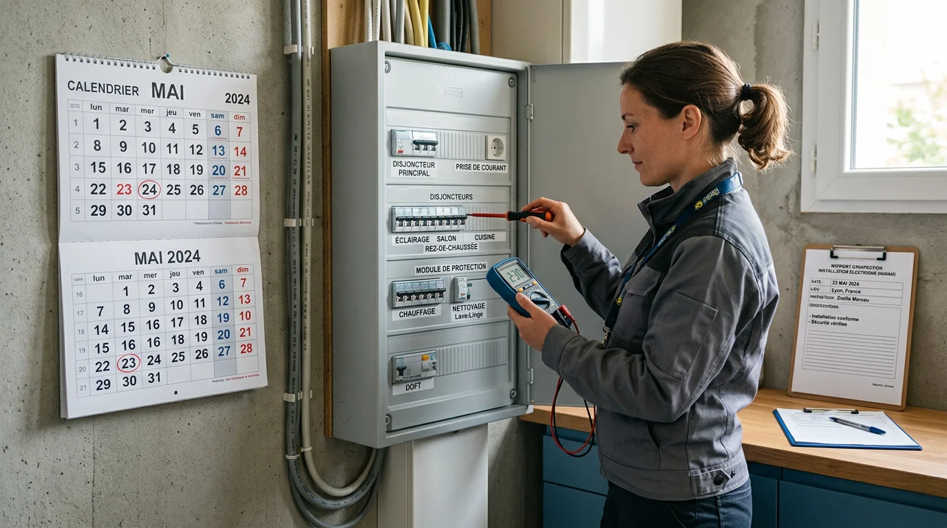Panneau électrique résidentiel inspecté avec un calendrier posé à côté