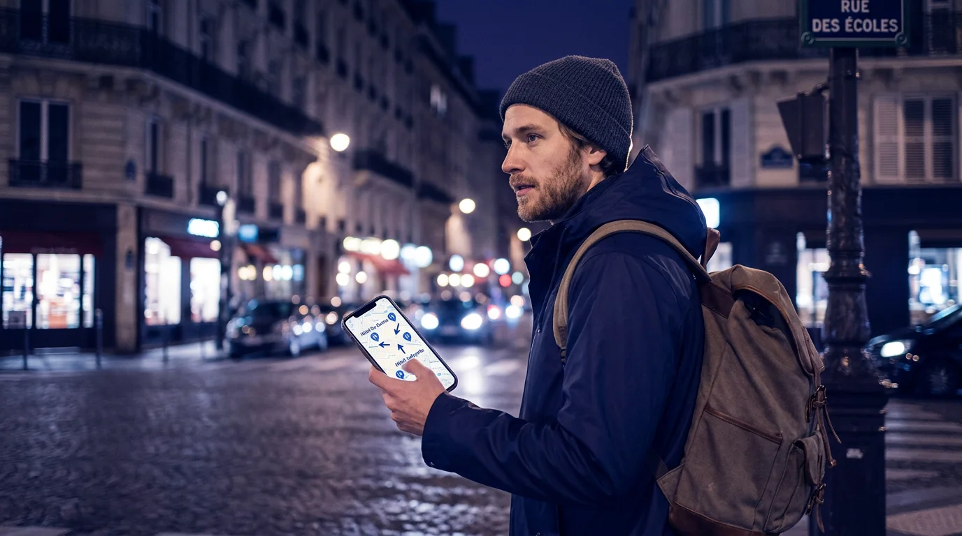 Voyageur consultant une carte d'hôtels à proximité sur son smartphone le soir