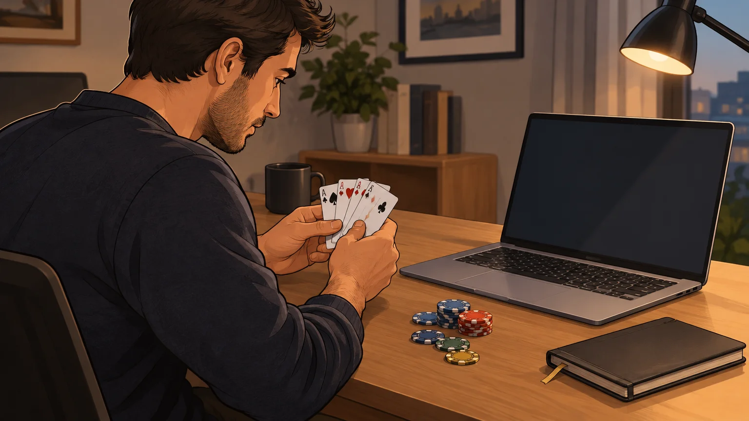 Un salarié étudie une main de poker à son bureau après le travail.