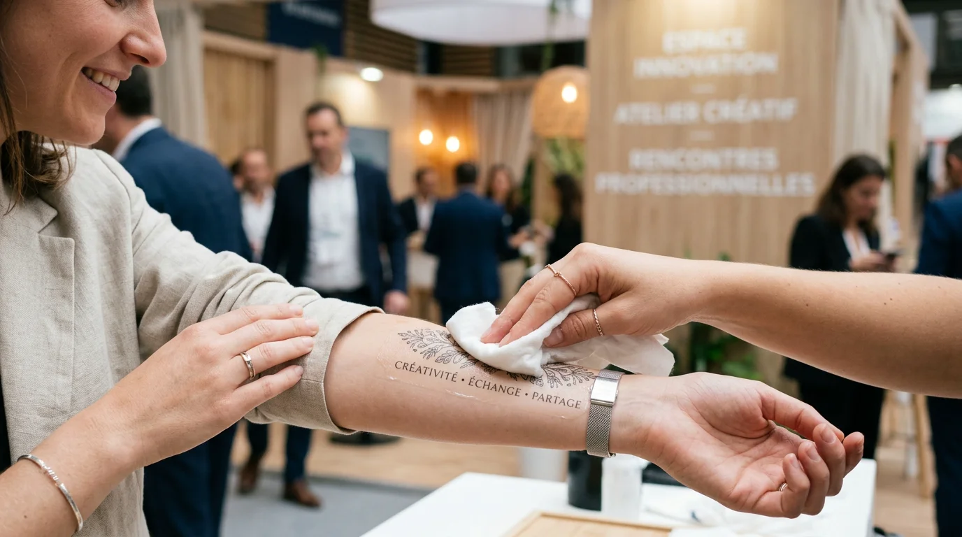Application d'un tatouage éphémère personnalisé sur l'avant-bras lors d'un événement d'entreprise