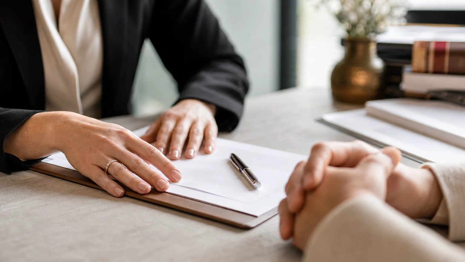 Gros plan sur des mains autour d’un document immobilier et d’un stylo