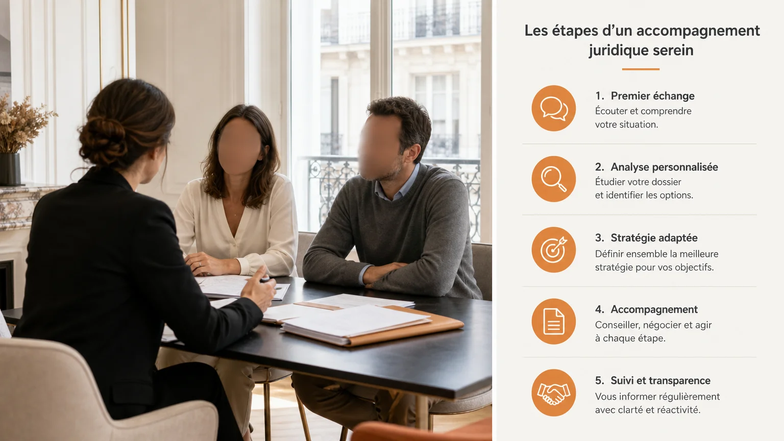 Échange calme entre un avocat et deux clients autour d’un dossier immobilier
