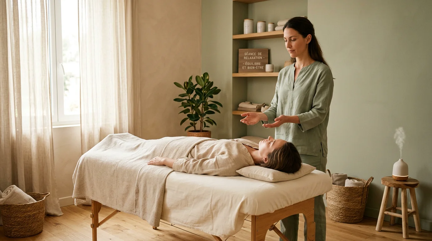 Salle de soin apaisante où une personne respire profondément avant un massage bien-être