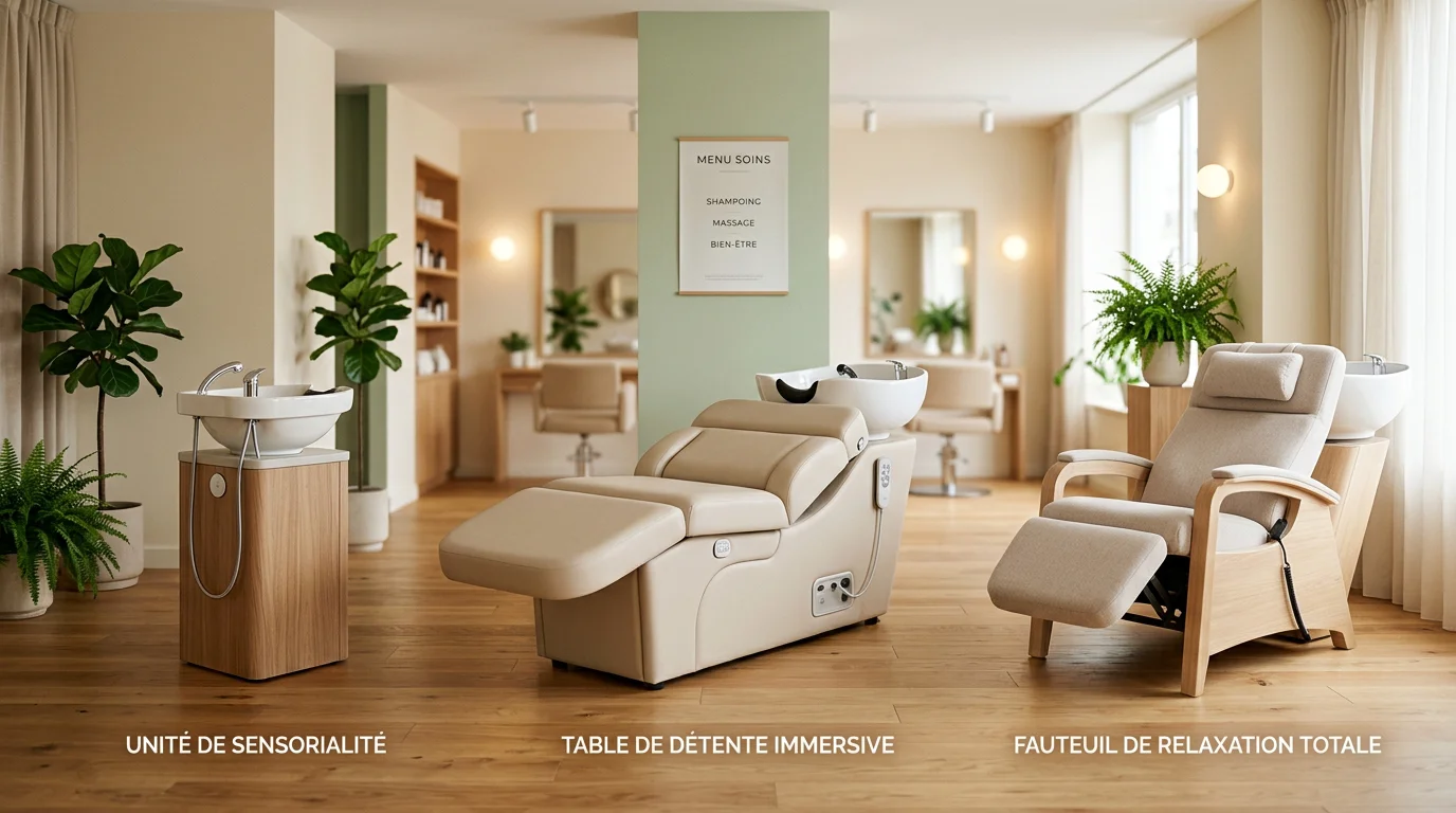Trois familles d'équipement head spa : bac, table et fauteuil dans un salon