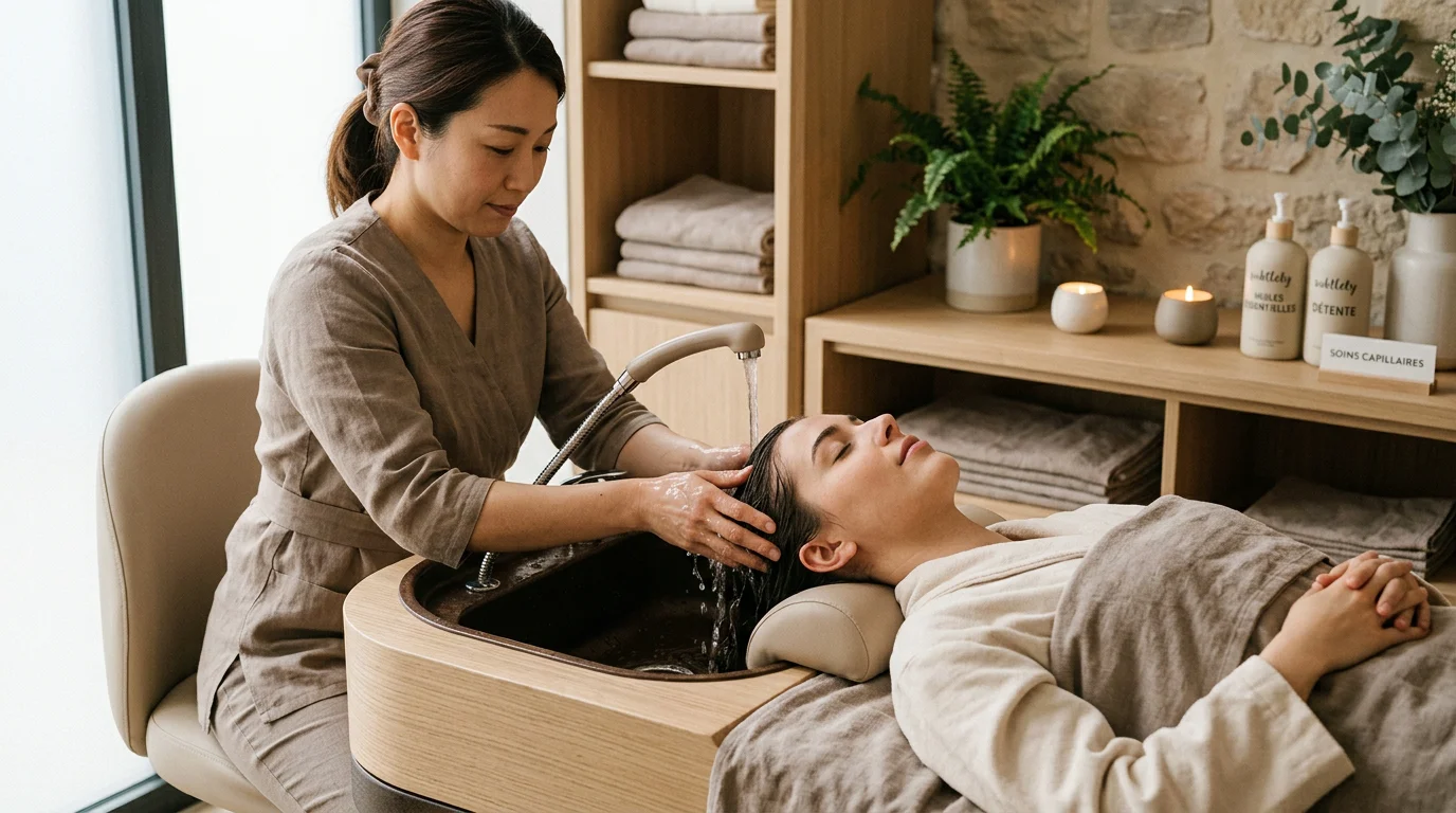 Praticienne réalisant un soin head spa japonais sur une cliente allongée