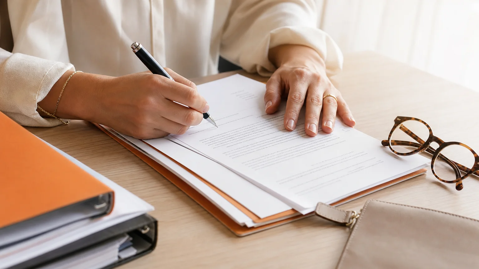Mains signant un document juridique sur un bureau clair