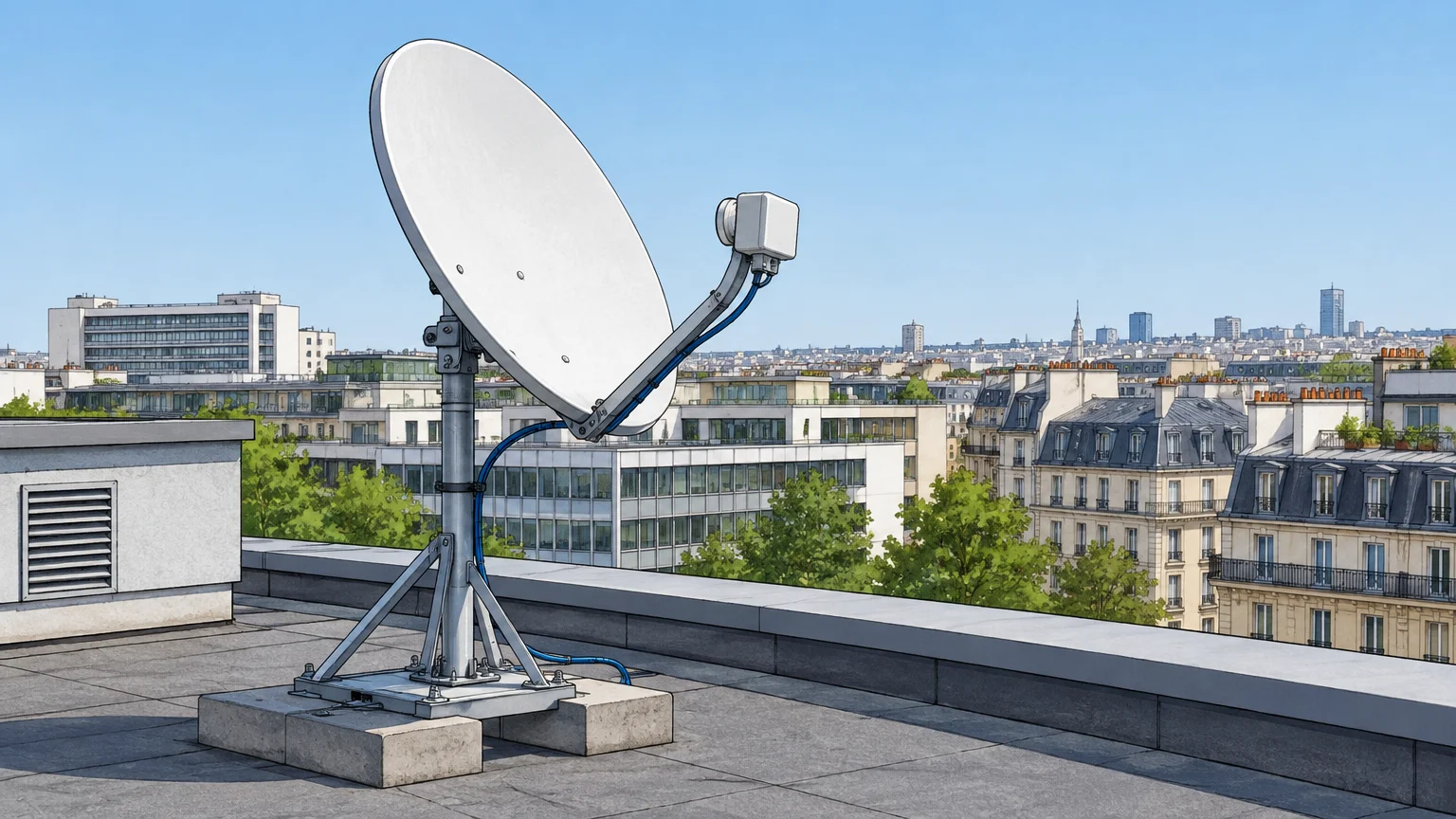 Une antenne satellite installée sur le toit d’un immeuble de bureaux à Paris