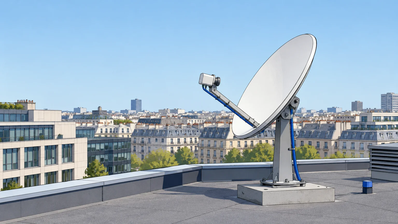 Une antenne satellite installée sur le toit d’un immeuble de bureaux à Paris