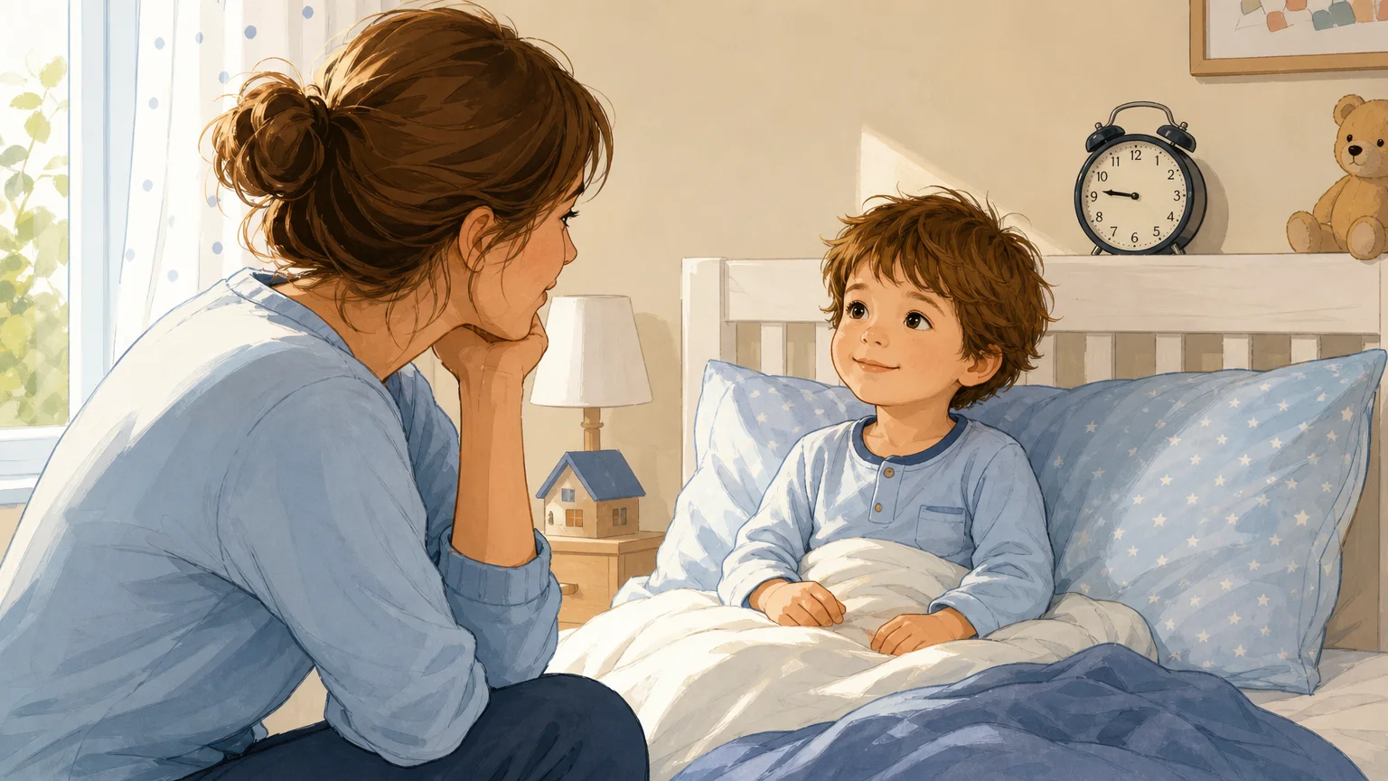 Parent observant un jeune enfant éveillé dans son lit pendant la matinée.