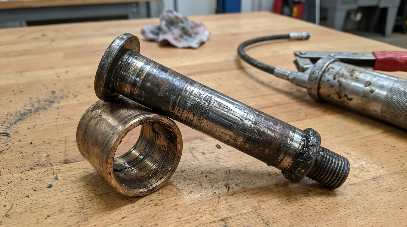 Axe et bague usés d'une mini-pelle posés sur un établi d'atelier