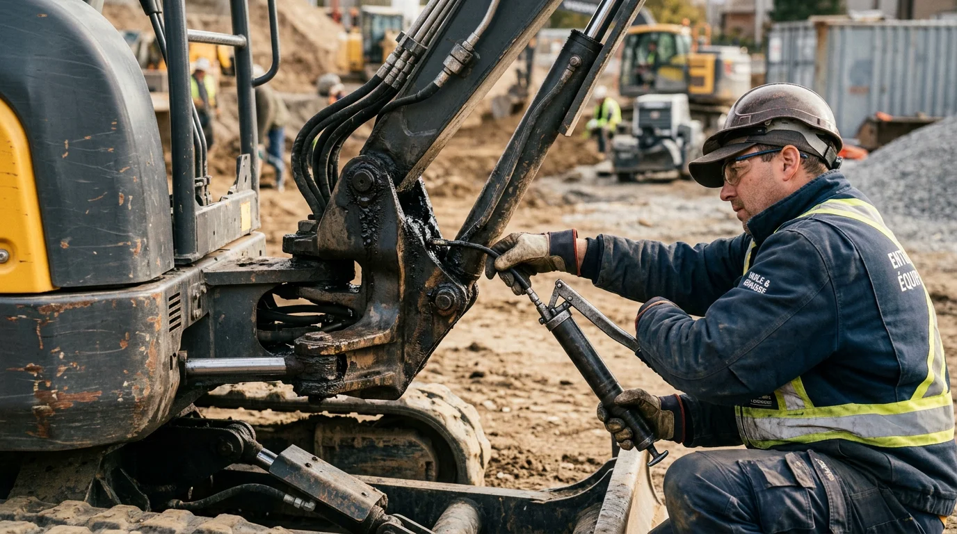 Technicien graissant l'articulation du bras d'une mini-pelle sur un chantier