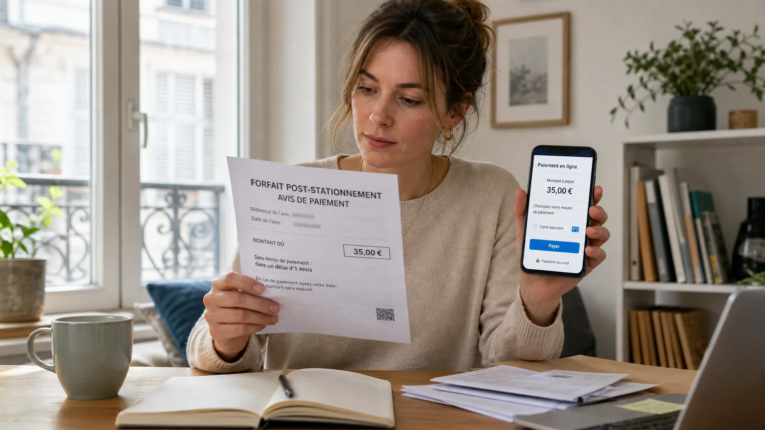 Automobiliste européenne consultant un avis de paiement de FPS chez elle