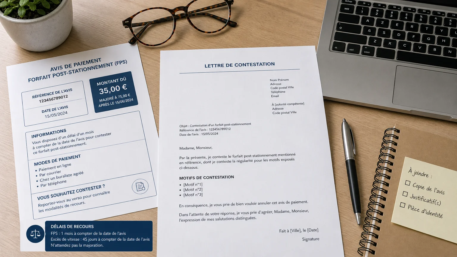 Bureau avec avis de FPS et courrier de contestation en préparation