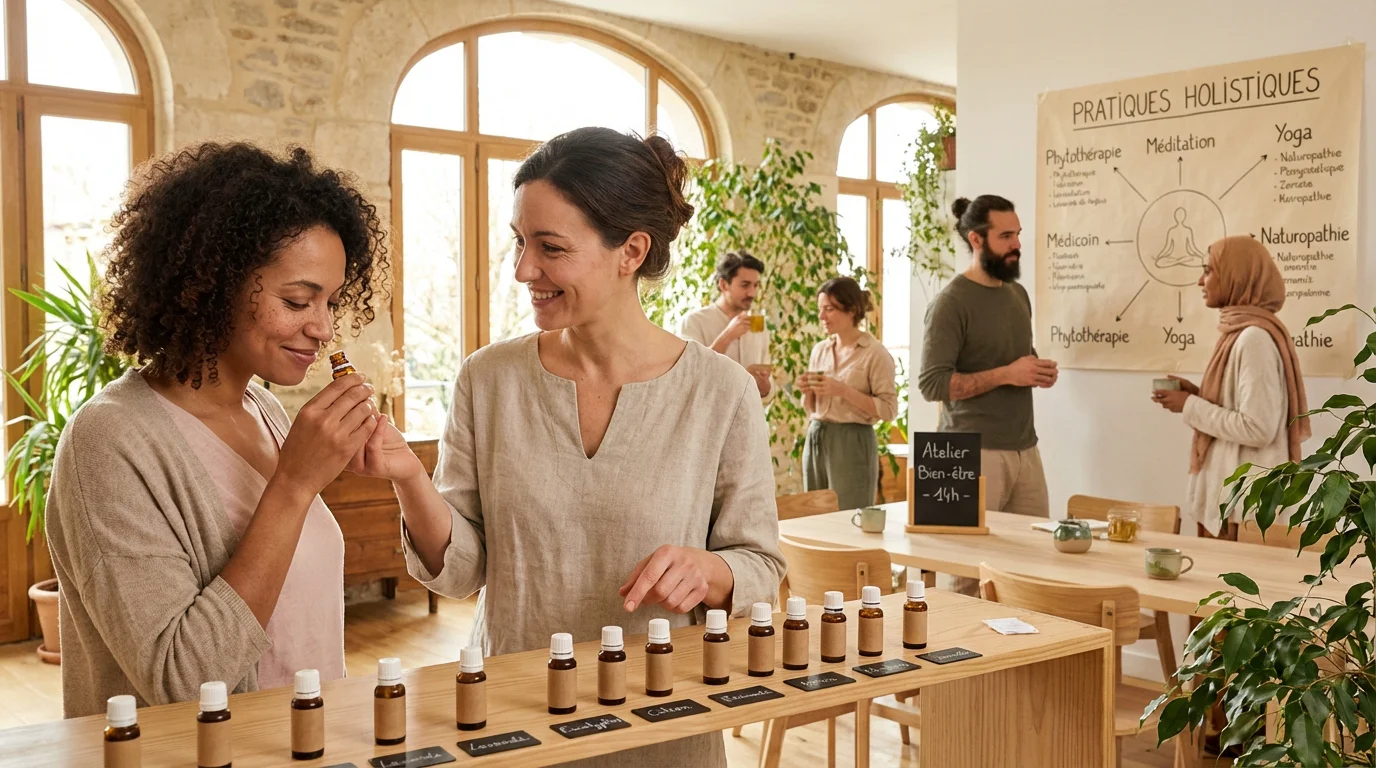 Patients découvrant différentes approches de médecine alternative dans un centre de bien-être en France