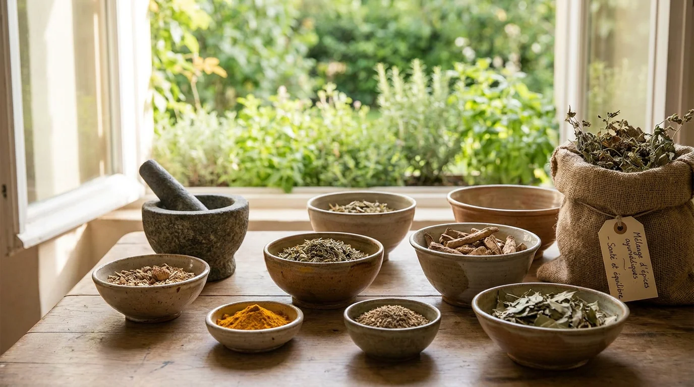 Herbes et épices ayurvédiques disposées sur une table en bois, évoquant les fondements de la formation en ayurvéda