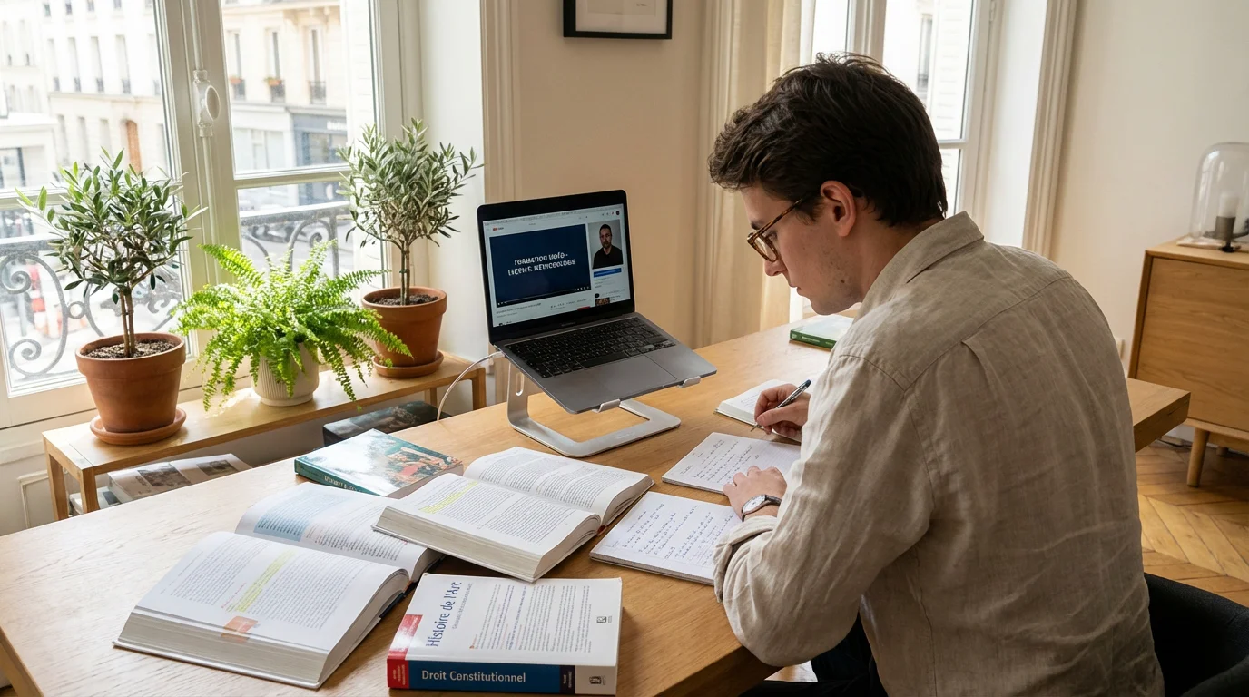 Personne en train d'étudier l'ayurvéda avec des livres et un ordinateur portable, illustrant le choix d'une formation de qualité