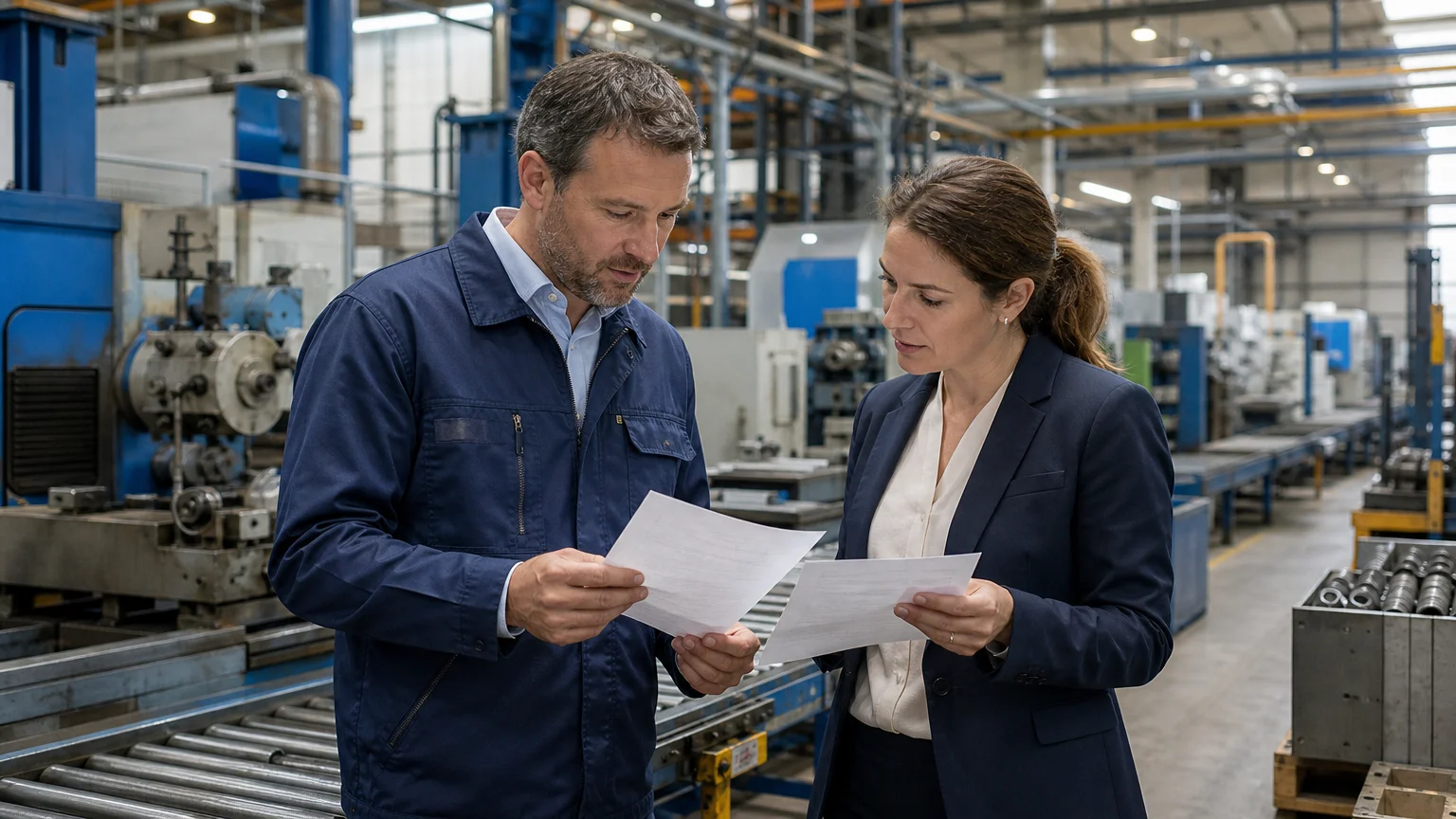 Un responsable de production et une collègue examinent un bon de livraison dans une usine.