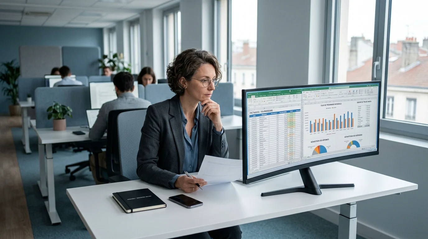 Responsable financière analysant la trésorerie et les factures dans un bureau