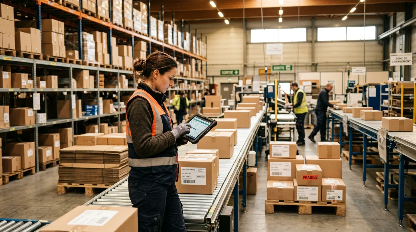 Opérateur logistique vérifiant des commandes de livraison sur tablette dans un entrepôt
