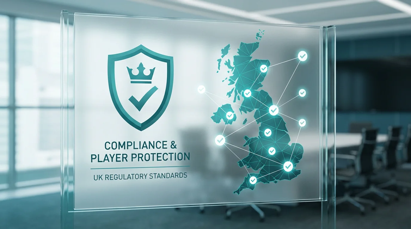 Regulatory compliance shield icon overlaid on a UK map representing player protection standards