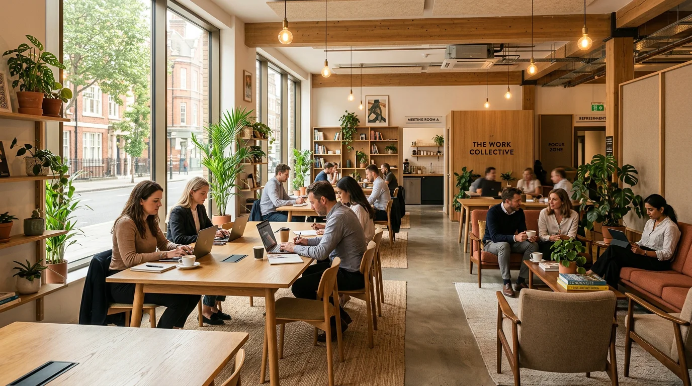 Professionals working in a bright modern coworking space with shared desks and lounge seating