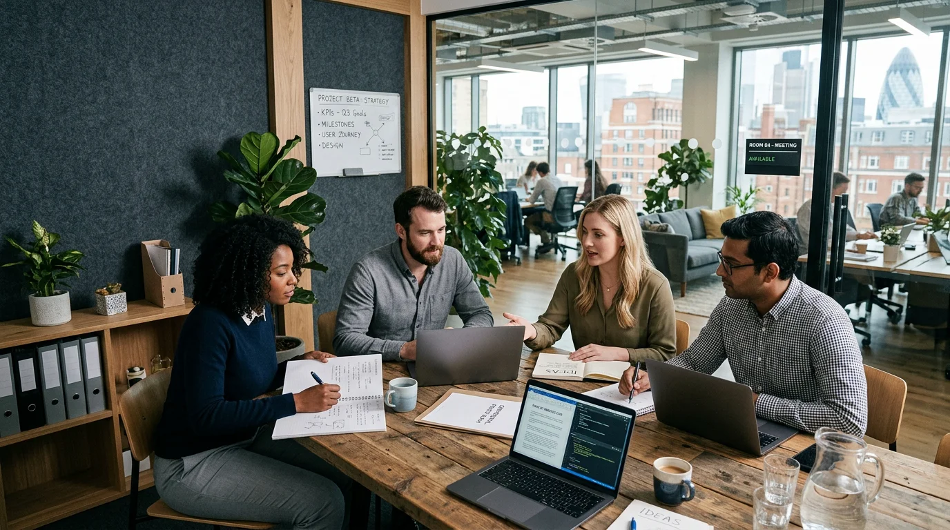 Small team collaborating in a glass-walled private office within a coworking building