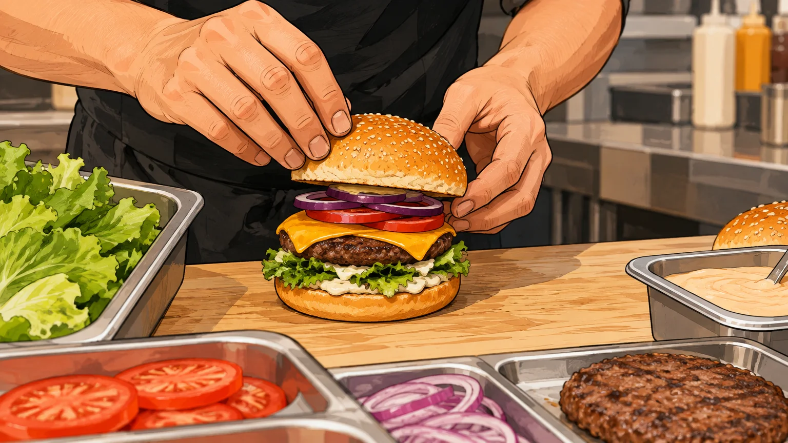 Assemblage d’un burger avec ses garnitures dans une cuisine