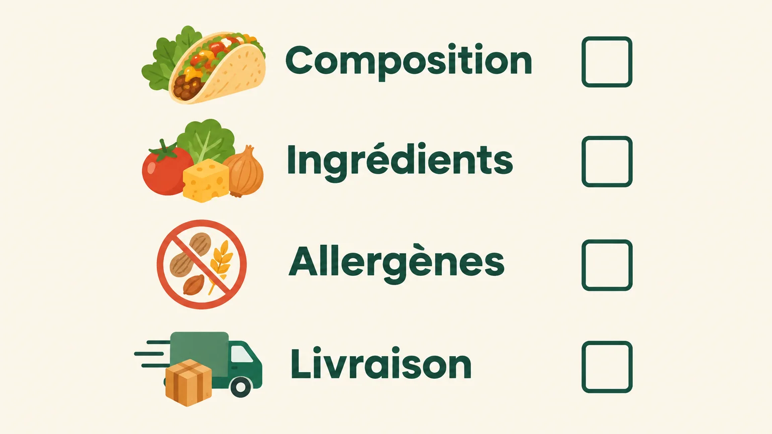 Checklist pour comparer composition, ingrédients, allergènes et livraison