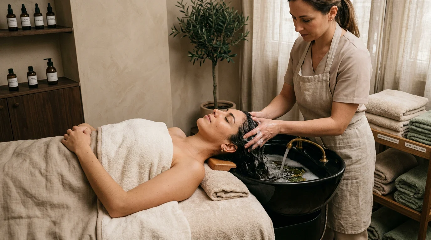 Femme recevant un head spa dans un espace de bien-être apaisant