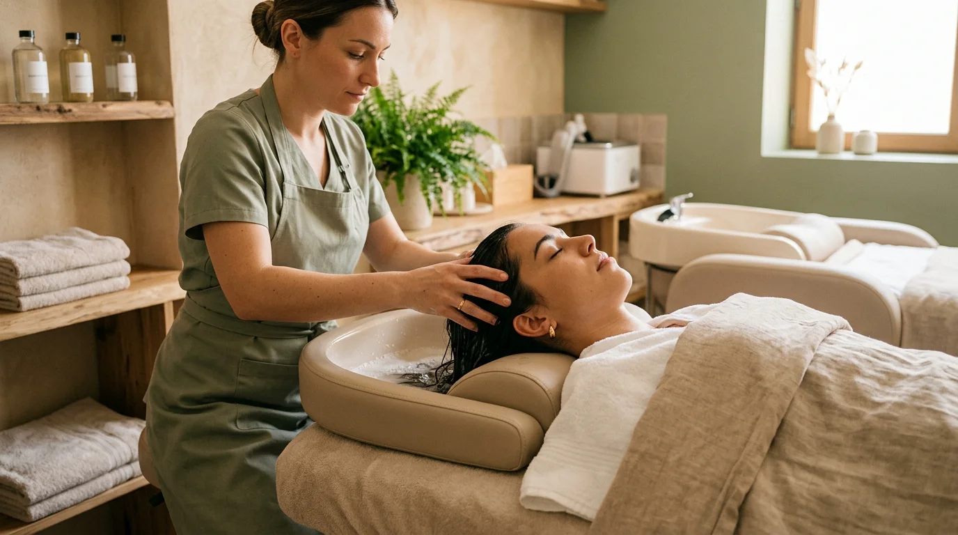 Praticienne réalisant un massage du cuir chevelu lors d'un head spa