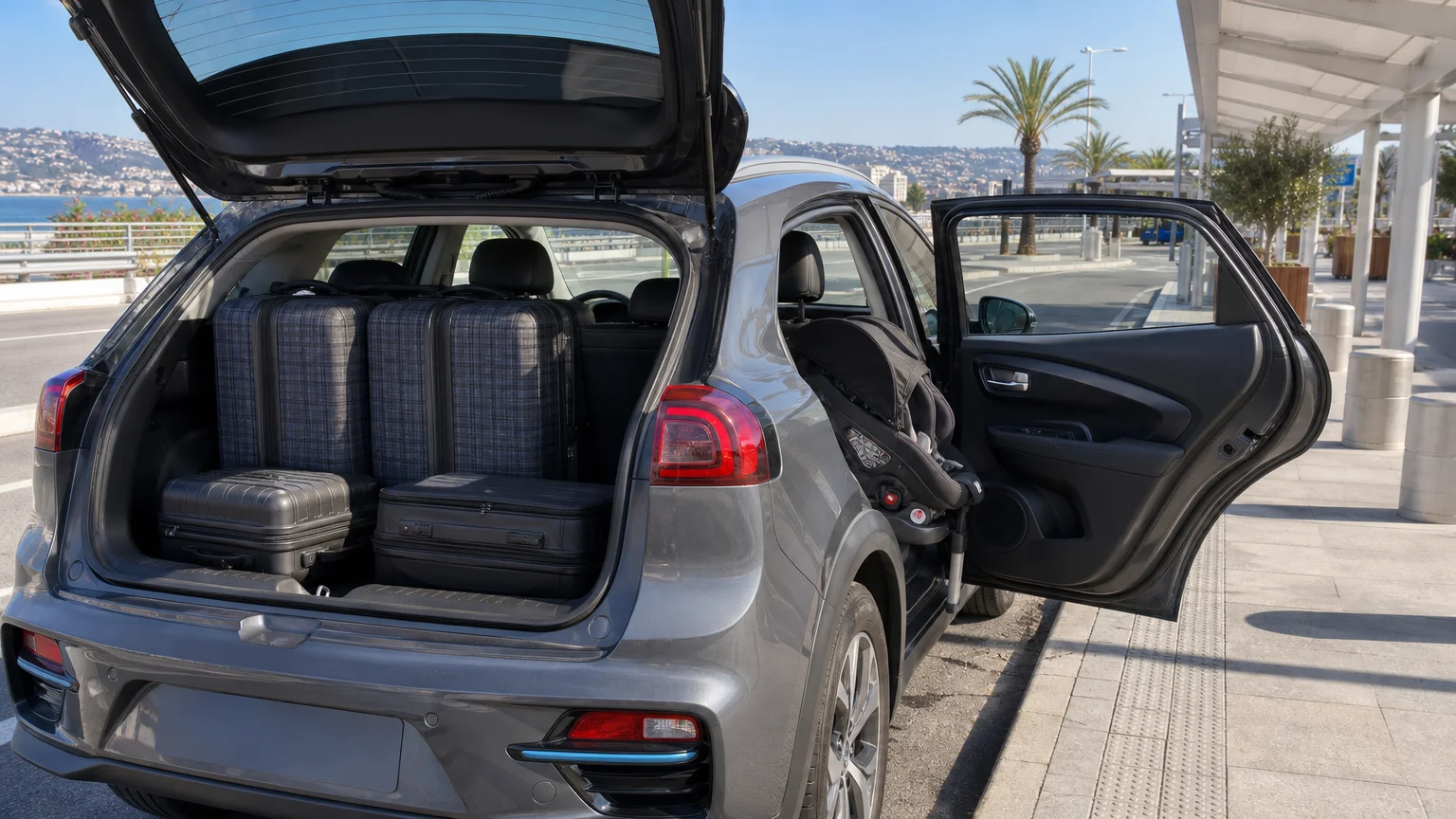 Open trunk of a grey 2021 electric Kia e-Niro with two large suitcases and two cabin suitcases, with a rear-facing child seat visible inside.