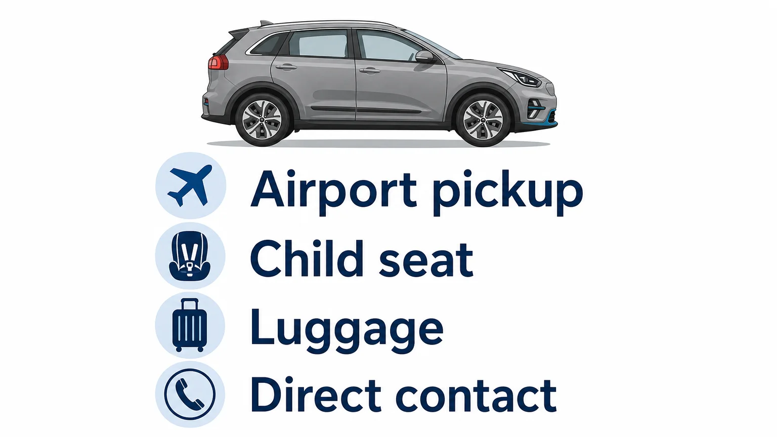 Editorial checklist showing airport pickup, child seat, luggage, and direct contact beside a grey electric crossover silhouette.