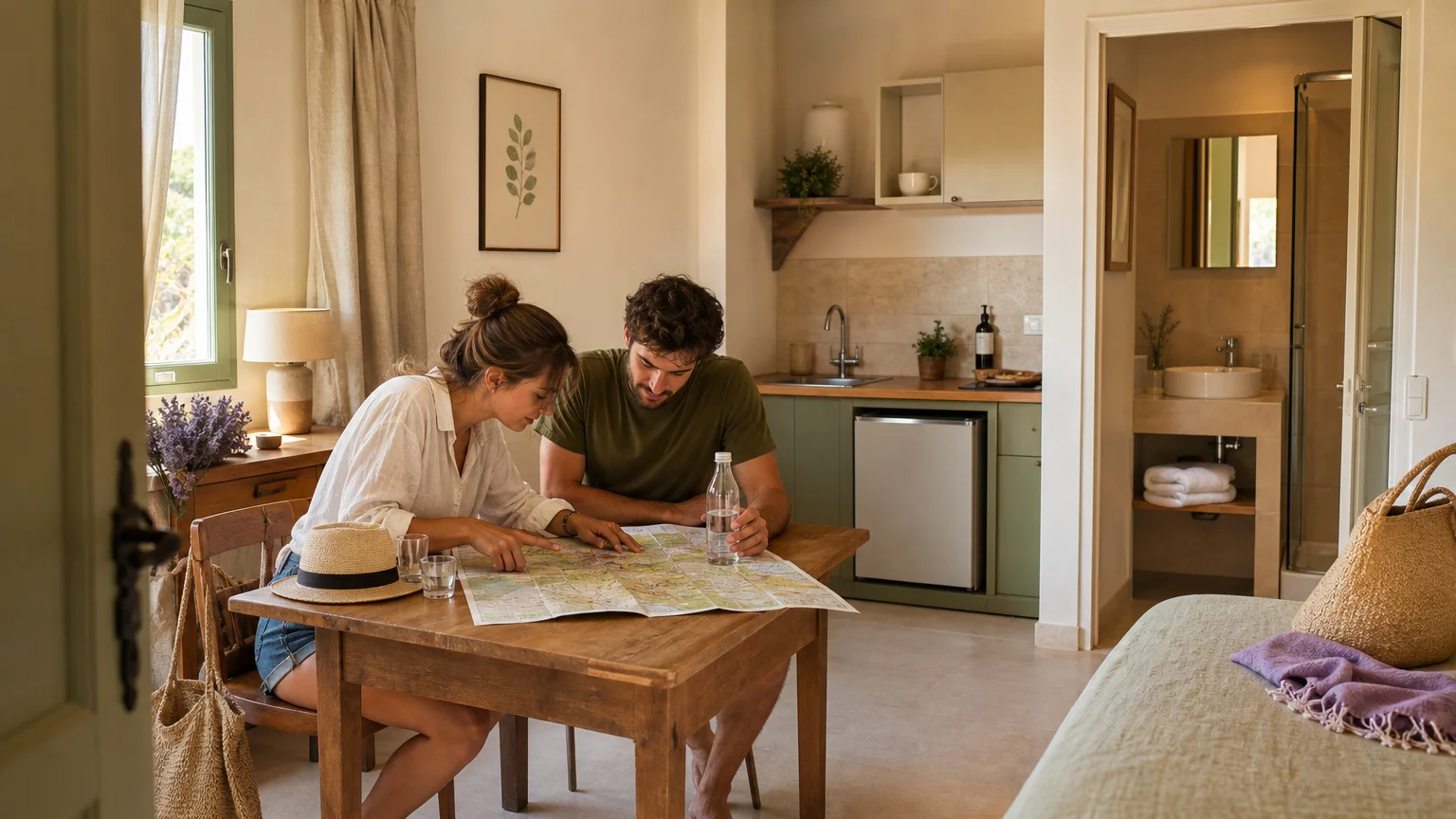 Voyageurs préparant une journée de visite dans un studio avec kitchenette dans le Luberon