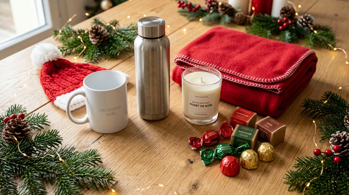Sélection d'objets publicitaires de Noël personnalisables disposés sur une table en bois