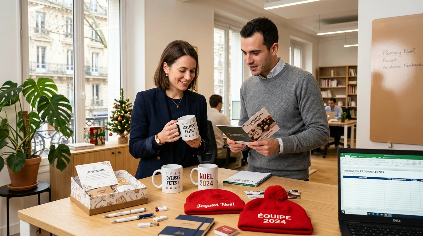 Équipe marketing validant une sélection de goodies de Noël personnalisés en entreprise