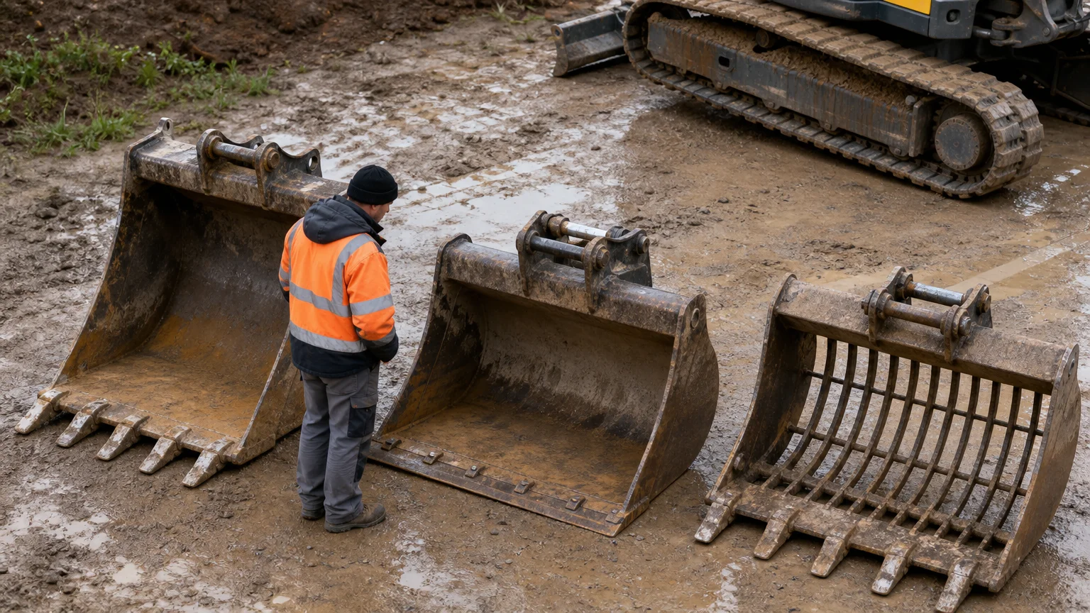 Conducteur comparant plusieurs godets pour pelle sur un chantier