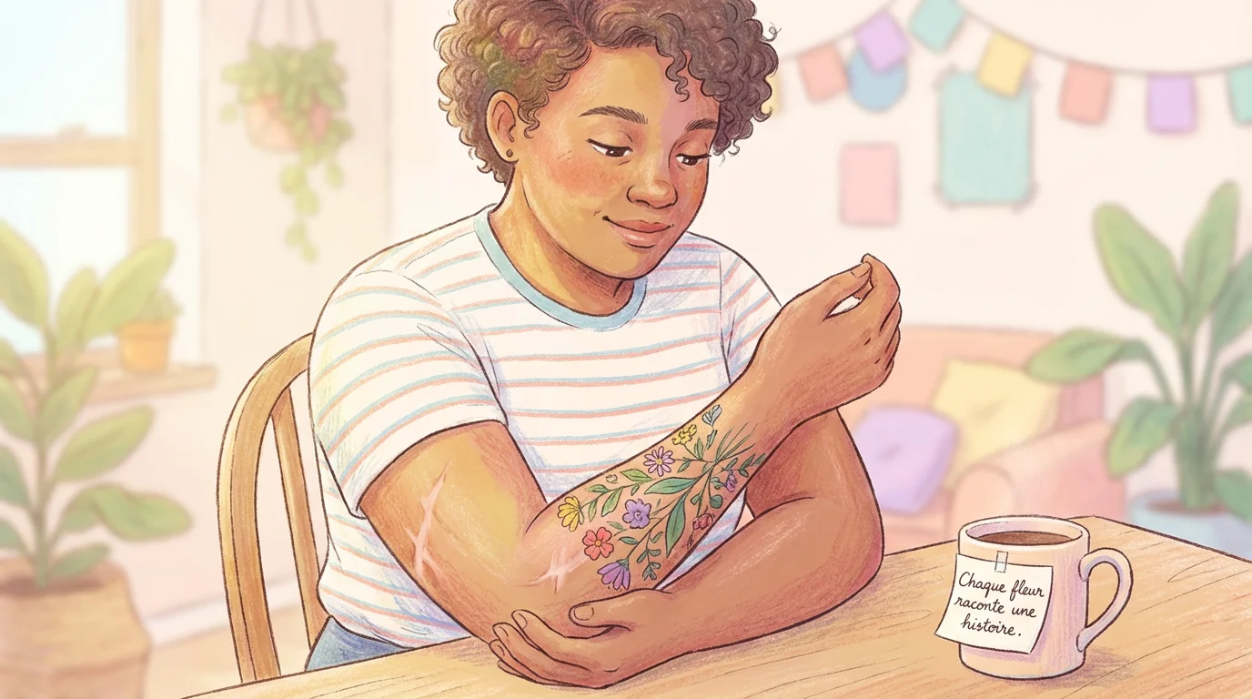 Illustration d'une personne observant un tatouage floral recouvrant une cicatrice sur son bras
