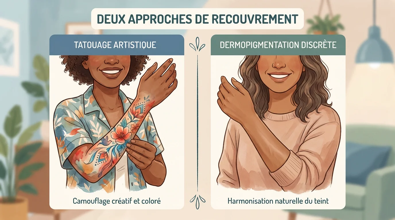Illustration comparant un tatouage artistique sur cicatrice et une dermopigmentation réparatrice