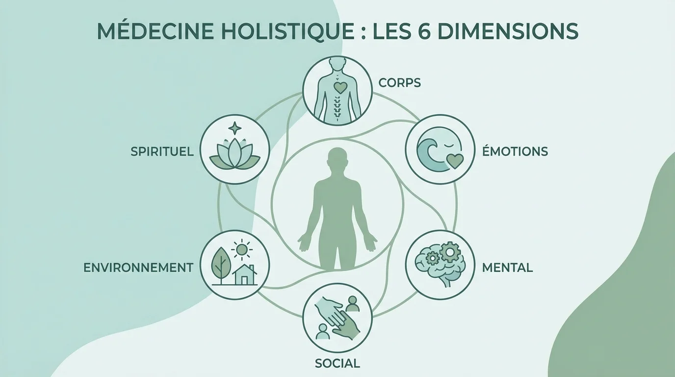 Illustration des six dimensions de la médecine holistique : physique, émotionnelle, mentale, socioculturelle, environnementale et spirituelle