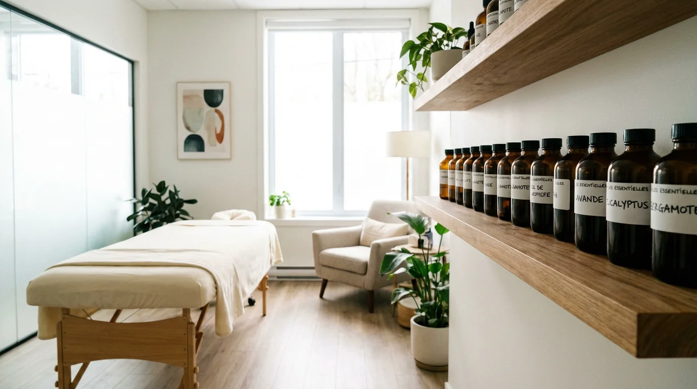 Espace de consultation pour thérapeute holistique avec huiles essentielles et lumière naturelle